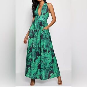 Boohoo Palm Print Plunge Halter-neck Maxi Dress
